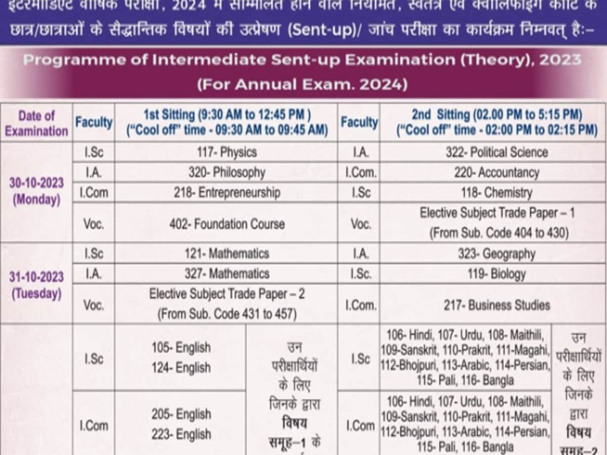 Bihar board Inter Sent-Up exam 2023 date sheet