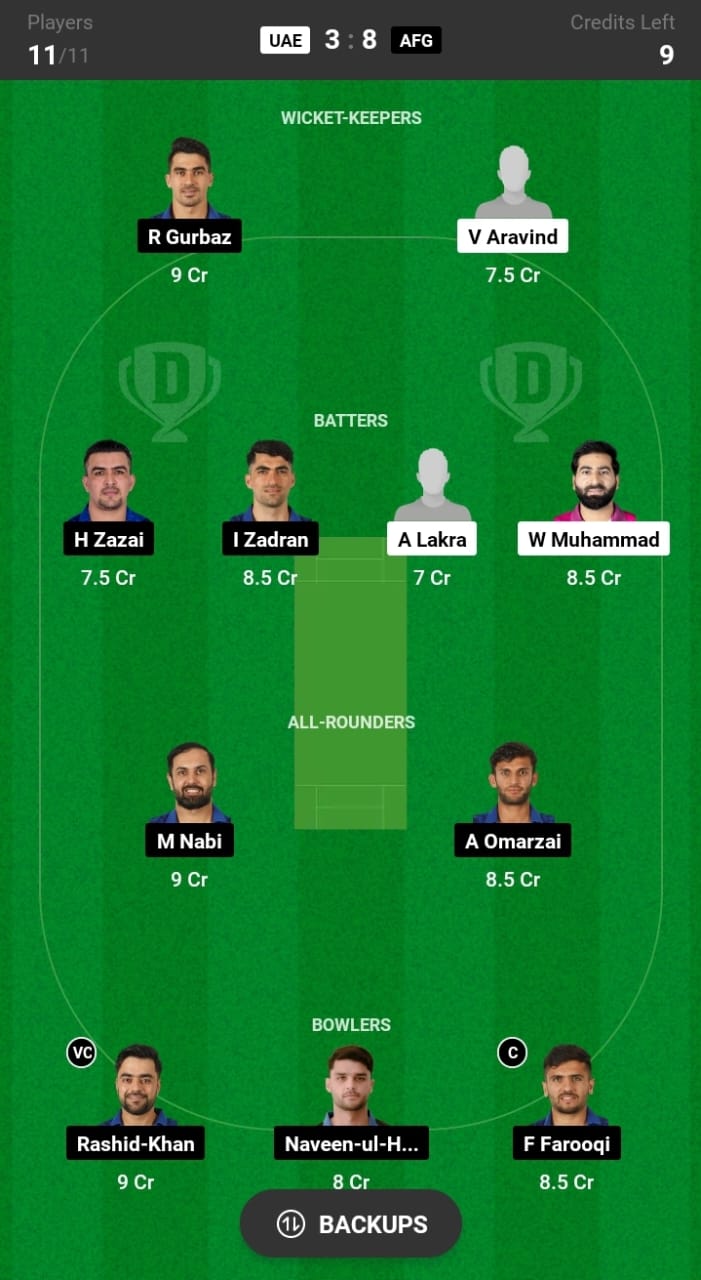 UAE vs AFG Dream11 100% Winning Team Prediction